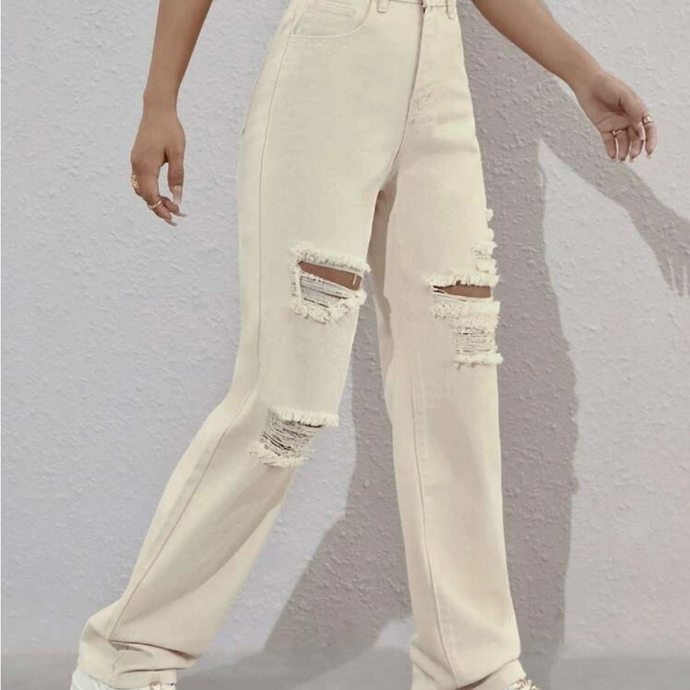 Women's Cream Distressed Jeans